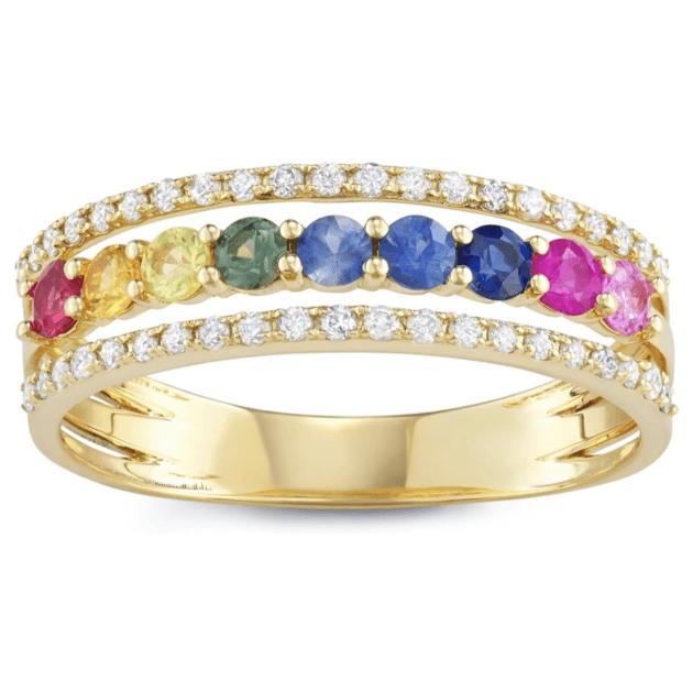 14K Yellow Gold Multi-Color Sapphire 0.20ct and Diamond Ring 7s